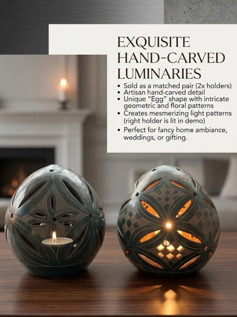 Hand Crafted Green-nude Hand-Carved Egg Luminaries Pair